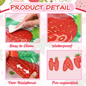 Strawberry theme party decoration detail featuring waterproof and tear-resistant material.