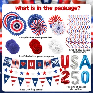 USA 4. Juli Party Dekoration Set 250. Jubiläum Flagge Fächer Pom Poms Luftballons