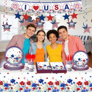 Amerikanischer Unabhängigkeitstag Party Geschirr Set Blumen Pappteller Becher Tischdecke