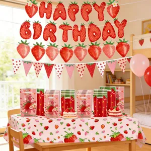 Strawberry theme birthday party banner bunting tablecloth disposable candy gift bags set.