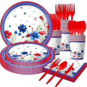 Amerikanisches Blumen 4. Juli Party Geschirr Set, mit Tellern, Bechern und Servietten.