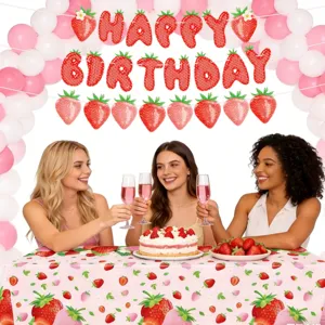 Strawberry birthday party banner decoration set with pennants and tablecloth for parties.