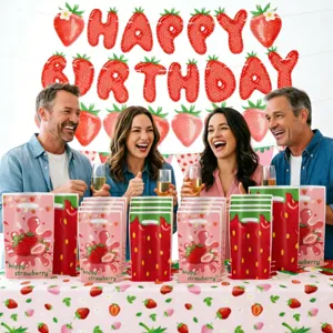 Strawberry birthday party banner and candy gift bags set for festive celebrations and decoration.
