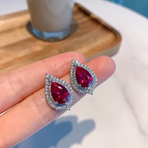 Pear cut ruby halo earrings sparkling cubic zirconia silver tone elegant women jewelry gift