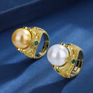 Retro Betaalbare Luxe Verguld Koper Ring Grote Kunstparel Geometrisch Ingelegde Strass Open Verstelbare Ring Voor Dames Banket Sieraden