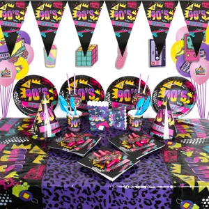 90er Jahre Retro Party Zubehör Set Einweggeschirr Teller Tassen Servietten Banner Tischdecke Für Geburtstag Thema Party Dekorationen