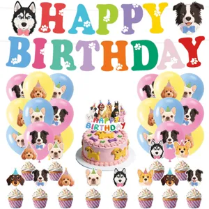 Niedliches Hundemotiv Geburtstag Party Deko Set mit Banner Ballons und Kuchen Toppern.