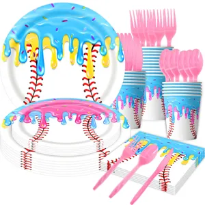Detailansicht des Baseball-Eiscreme-Themen-Geschirrsets mit Tellern Bechern und Servietten.