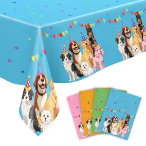Süße Hunde Geburtstag Party Einweg PE Tischdecke Set, bunter Welpen Druck, blau festlich.