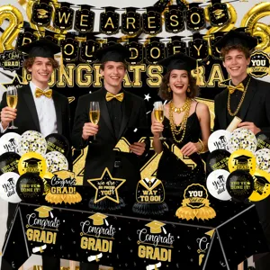 Abschluss Party Deko Set Detail mit schwarzem Gold Banner Hintergrund Ballons und Tischdecke.