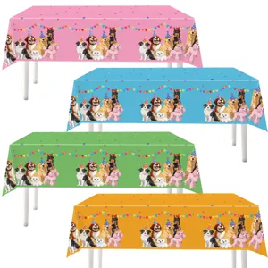 PE dog birthday party tablecloth detail, featuring colorful cartoon puppy prints for celebrations.