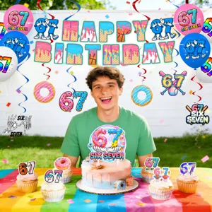 Dettagli decorazione festa compleanno ciambella 67, festone palloncini e cake toppers.