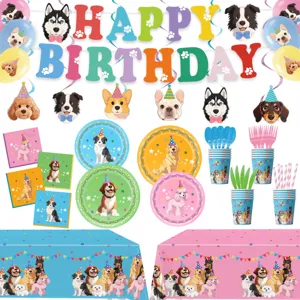 Cartoon Hund Geburtstagsparty Zubehör Set Einweggeschirr Pappteller Tassen Servietten Banner Tischdecke Kuchendeckel Deko