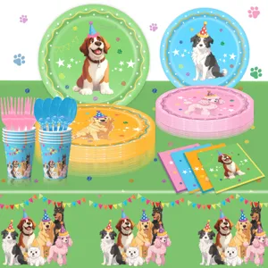 Dog birthday party disposable tableware set cute puppy themed plates cups napkins decoration