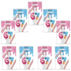 67th birthday party candy gift bags with cute ice cream and baseball design for celebration.
