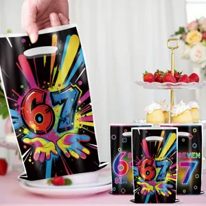 Colorful 67 theme plastic goody bags party favor treat bags for birthdays celebrations.
