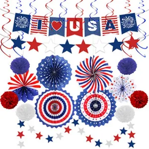 Rot Weiß Blau Amerikanischer Unabhängigkeitstag Party Dekorationen Banner Papierfächer Pom Poms Hängende Wirbel Für Die Feier Am Vierten Juli
