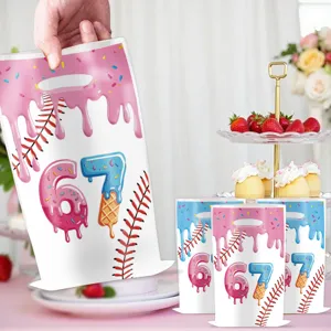Detailed view of the 67 theme party candy gift bag featuring cute donut numbers and baseball design.
