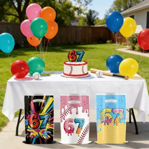 67th birthday party candy bags detail view featuring colorful ice cream and baseball designs.