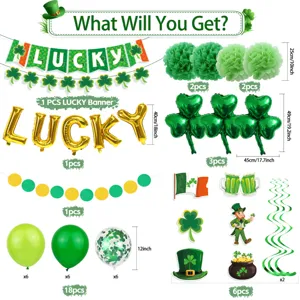 St. Patrick's Day Party Deko Set mit Kleeblatt Banner, Luftballons und Pompoms.