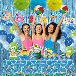 Kit de decoration fete anniversaire plage piscine ete ballons nappe toppers fond.