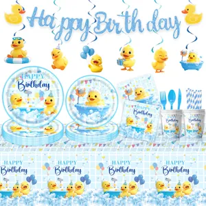 Süße Cartoon gelbe Ente Geburtstag Party Dekoration Set mit Banner Teller Becher und Servietten.