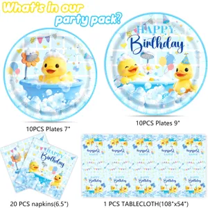 Süßes gelbes Enten Geburtstag Party Geschirr Set mit Papptellern, Servietten und Tischdecke.