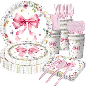 Ensemble d'Assiettes et Tasses en Papier Thème Nœud Floral Décoration de Fête Aquarelle Rose Nœud Vaisselle pour Anniversaire