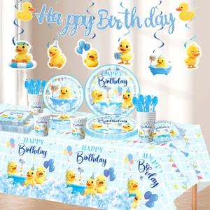 Niedliches gelbes Enten Geburtstag Party Set mit Pappteller Becher Tischdecke Deko.