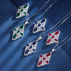 Luxus Kupfer Zirkonia Schmetterling Blume Schmuck Für Damen Königsblau Smaragd Rubin Anhänger Halskette Ring Elegante Bankett Zubehör
