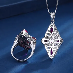 Europäisch und amerikanisch Stil Modeschmuck Set, silberfarbener Ring und Halskette mit roten.