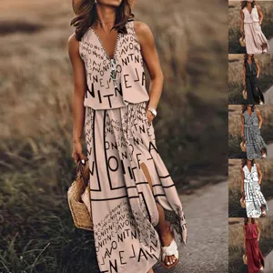 Women's Casual Sleeveless V-Neck Zipper Long Dress Spring Summer Letter Print Maxi Dress