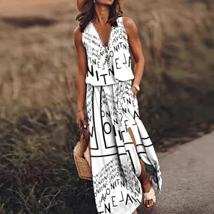 Women summer sleeveless maxi dress casual zip v-neck letter print long dress main view