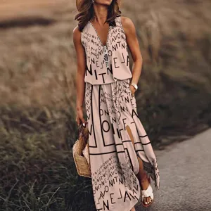 Casual women's sleeveless long dress with zipper and chic letter print for summer.