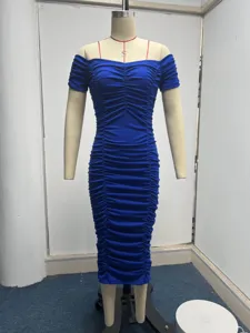 Elegantes, royalblaues schulterfreies, gerafftes figurbetontes Midikleid für Damen Sommer