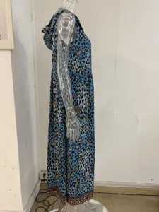 Detailed view of blue leopard print hooded sleeveless long casual beach dress with pockets.