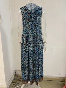 Blue leopard print sleeveless hooded long dress casual beach maxi dress apparel for women.
