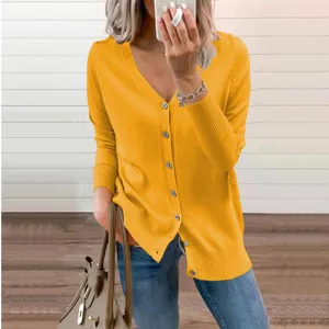 Dames V-hals gebreid vest pullover lange mouwen met knoopsluiting gele top mode style