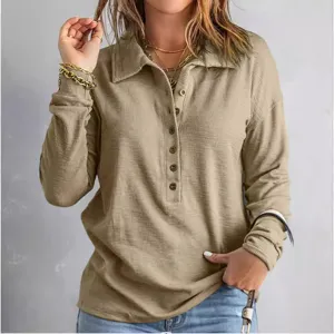 Women Solid Color Knit Long Sleeve Polo Shirt Casual Button Down Waffle Blouse Top