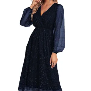 Elegant V-neck mesh spliced glitter long sleeve midi dress for women, stylish party wear