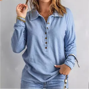 Solid color waffle knit long sleeve top for women, casual lapel single-breasted pullover.