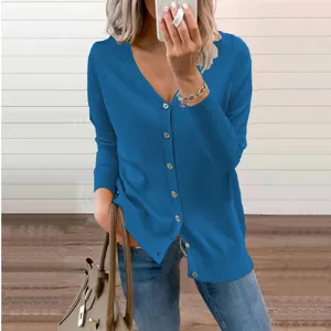Dames blauwe v-hals gebreid vest lang mouw enkelrijige knoop trui casual top dagelijks dragen