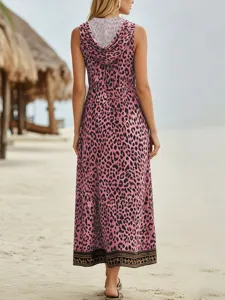 Sleeveless pink leopard print hooded maxi dress, casual summer beach long dress for women.