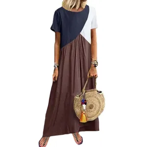 Casual plus size maxi jurk met korte mouwen en geometrisch colorblock design voor dames.