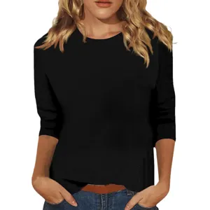 Mujer camiseta basica negra lisa de cuello redondo y manga 3/4 para uso diario