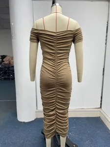 Damen schulterfreies einfarbiges gerafftes Midikleid elegante Sommer Freizeit schlanke Passform