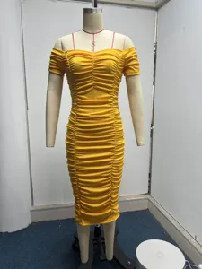 Damen schulterfreies gelbes gerafftes Bodycon Kleid elegante Sommer Midikleider stilvoll