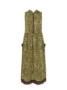 Leopard print sleeveless hooded maxi dress with front zipper and side pockets for casual wear.