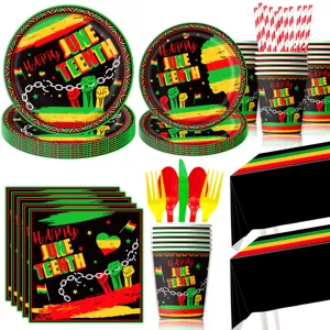 Juneteenth party supplies tableware set with plates cups napkins tablecloth for celebration event.