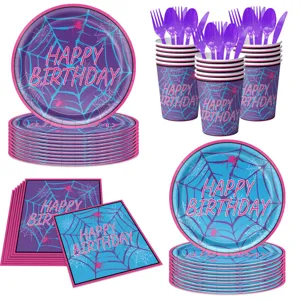 Blau lila Spinnennetz Geburtstag Party Zubehör Einweg Pappteller Becher Servietten Set